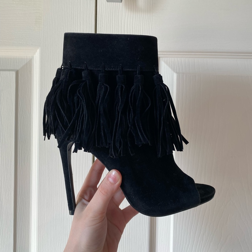 Privileged Peeptoe Fringe Black Ankle Boot